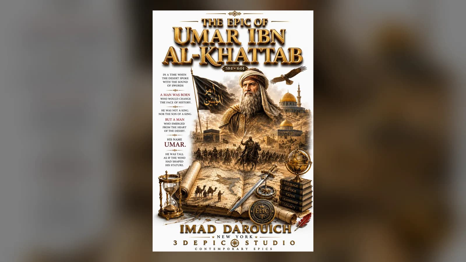 A lone figure walking a desert city at night, the image behind this Umar ibn Al-Khattab poem