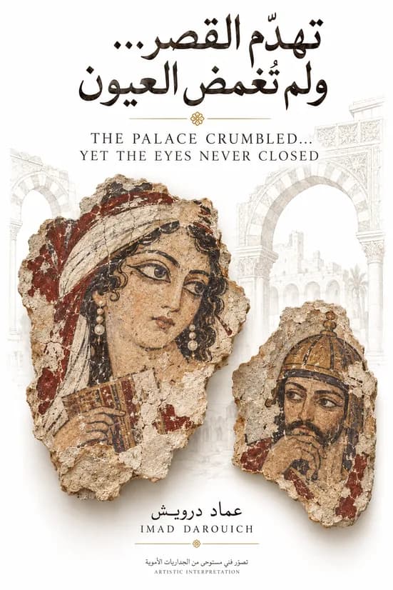 Imad's artistic interpretation of Umayyad frescoes for his cover: plaster fragments painted with a woman in a white and red head covering and a helmeted man with his hand at his chin