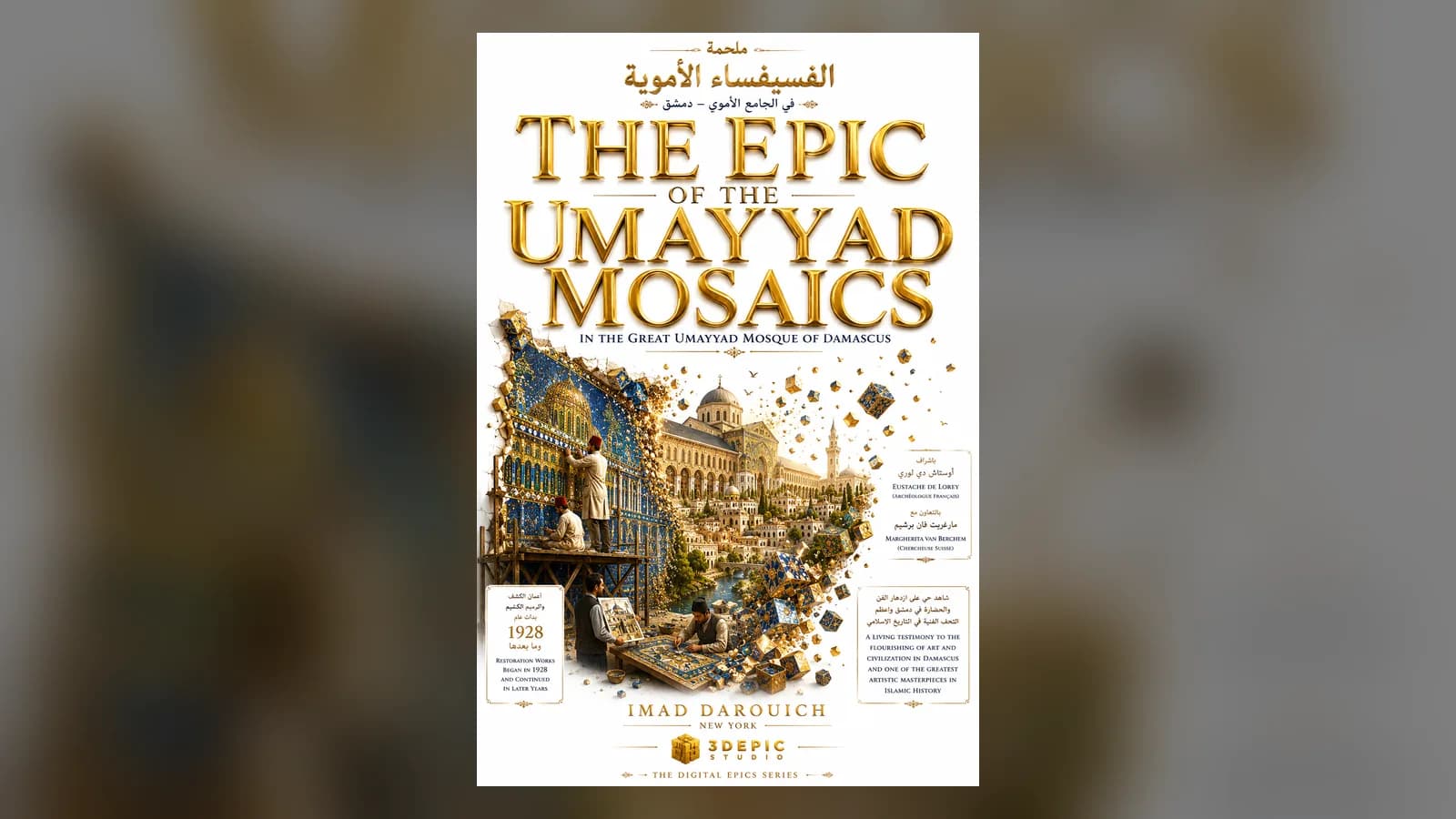Golden mosaics of trees and palaces on a mosque wall in Damascus, the subject of this poem on the Umayyad mosaics restoration