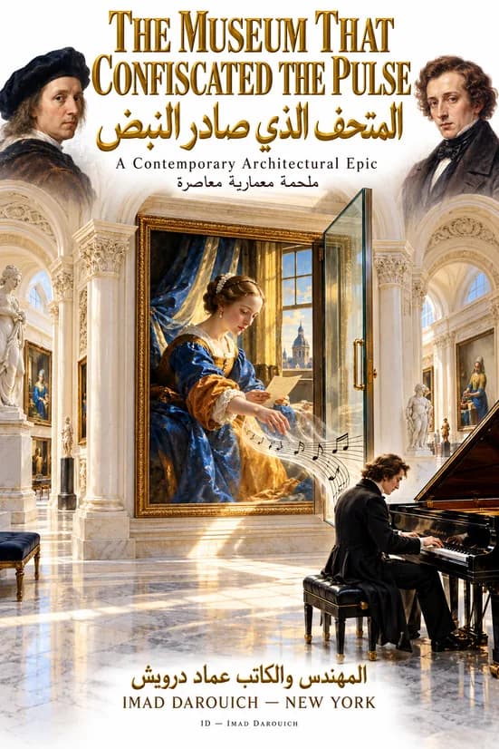 Imad Darouich's cover for Vermeer and Chopin: a painted woman in blue reading a letter behind an opened glass case, and a pianist at a grand piano in a marble gallery