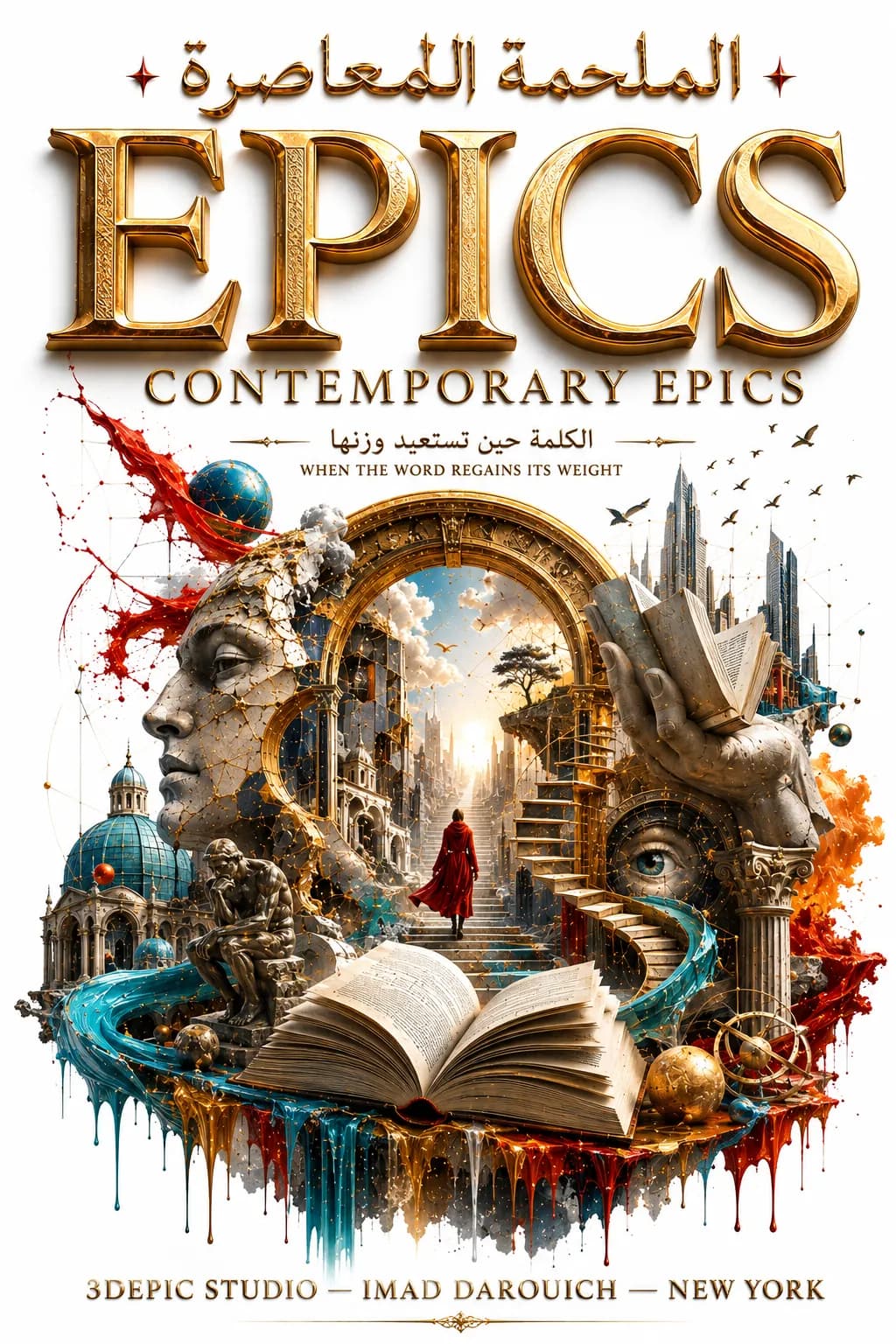 The EPICS cover: a cracked classical head, a golden arch over a staircase, towers and an open book, with streams of paint running below