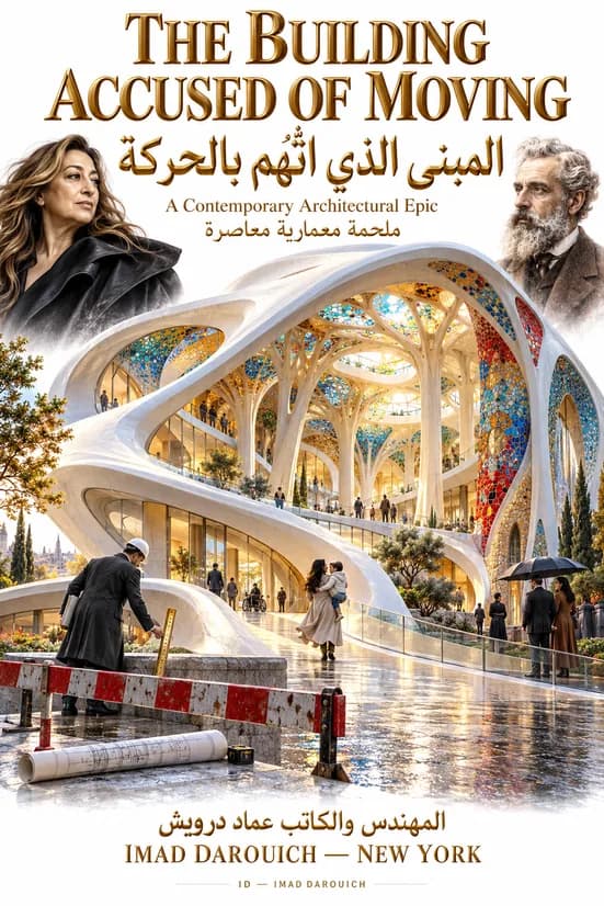 Cover art for Imad's story of Zaha Hadid and Gaudí: portraits of the two architects above a white curving building with tree-like columns and mosaic glass, and an inspector at a barrier in the rain