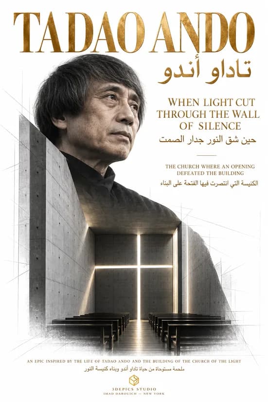 Cover of Tadao Ando: When Light Cut Through the Wall of Silence, a portrait of Tadao Ando above the Church of the Light, its concrete wall cut with a cross of daylight behind rows of benches