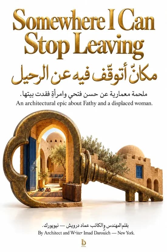 Cover of Somewhere I Can Stop Leaving: a giant key whose bow frames a courtyard with a blue door, with domed mud-brick houses along its shaft, for this poem about Hassan Fathy