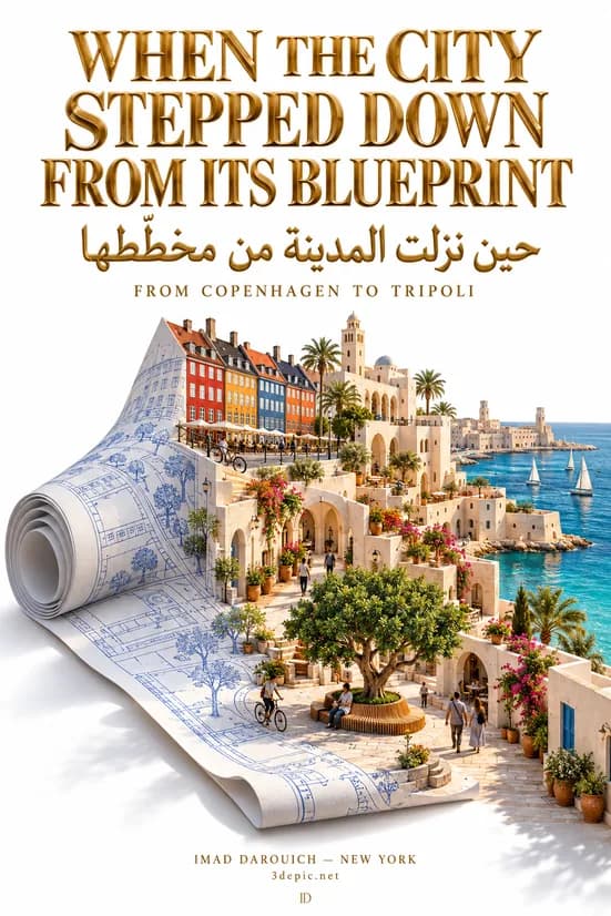 Cover art for the prose poem on humanizing cities: a blueprint unrolling into a sunny seaside town of colourful houses, palm trees, cyclists and a shaded square by the water