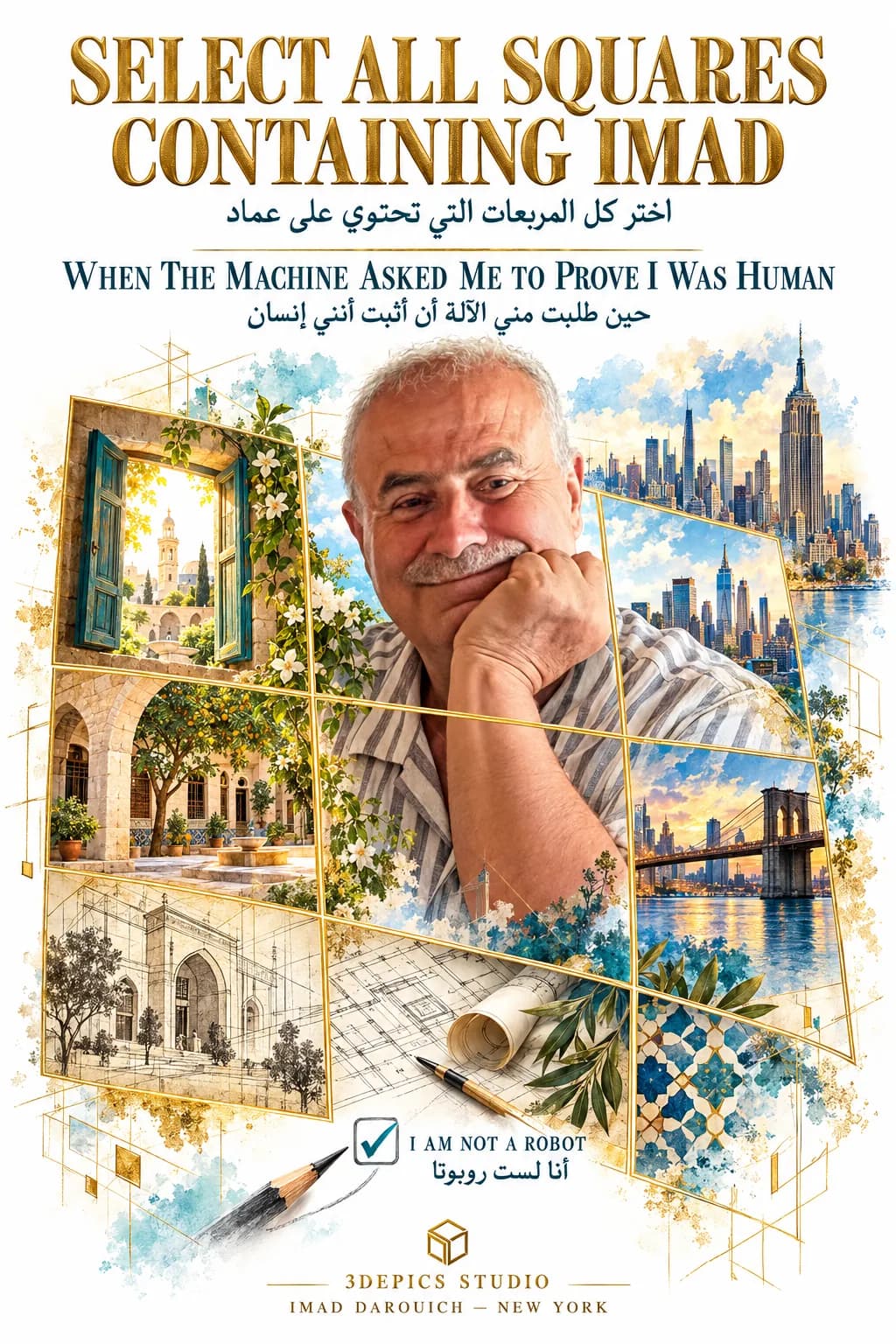 Second cover with Imad Darouich's portrait among watercolour squares of Damascus courtyards, Manhattan towers and Brooklyn Bridge