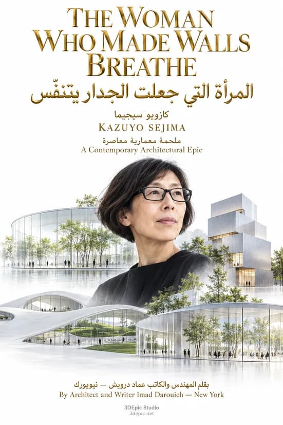 Cover art for the Kazuyo Sejima epic: a portrait of the architect in glasses before white, curving glass pavilions and stacked white boxes among trees