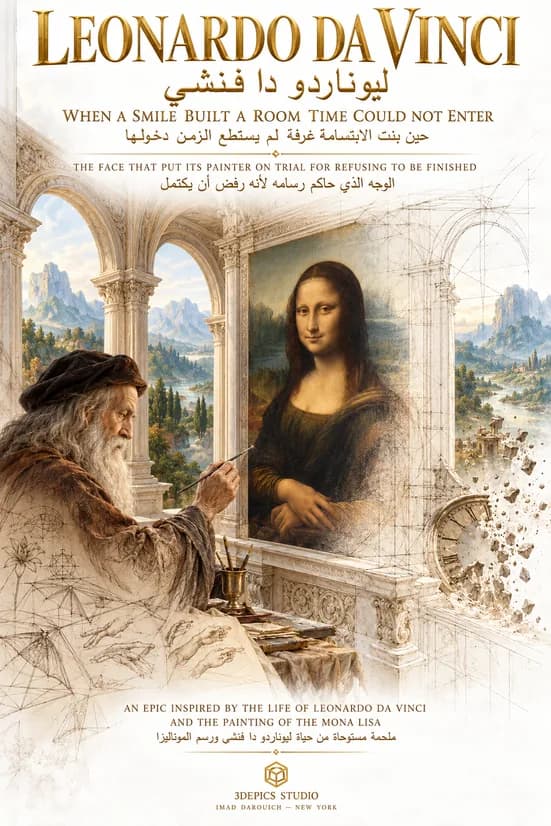 Imad's cover for his piece on the Mona Lisa sfumato: an old, bearded Leonardo paints the Mona Lisa inside a marble arcade, with mountains beyond, sketches of wings and hands, and a crumbling clock beside him