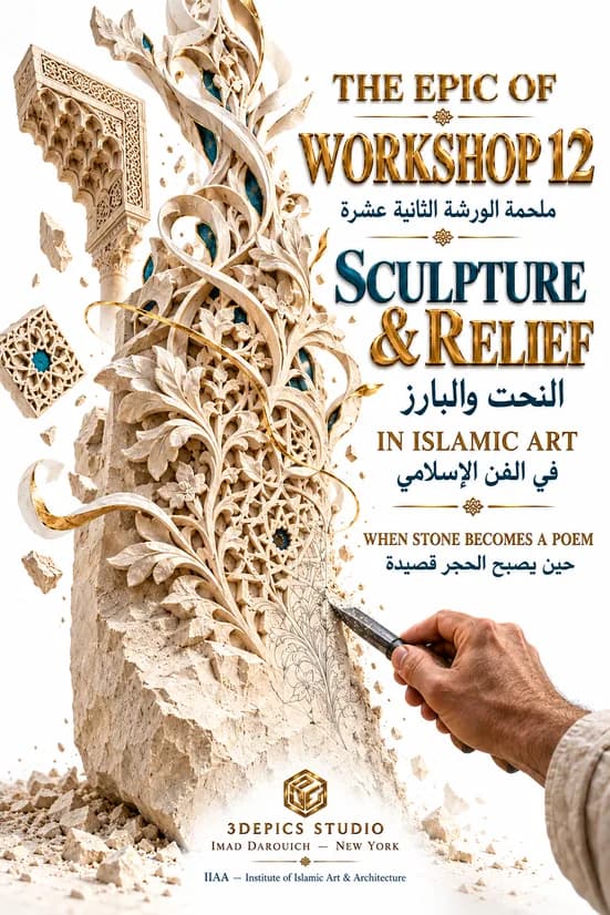 Imad's cover for a story on the Mshatta facade: a pale stone relief of carved vines and rosettes, with a hand cutting it with a chisel
