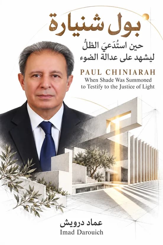 Cover of Imad's Paul Chiniarah tribute: the architect's portrait beside a sunlit white building drawn in pencil, with olive branches below