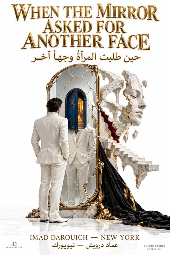 Cover for a poem about looking in the mirror: a man in a white suit faces a gilded, cracked mirror that shows a blue door where his face should be, a black cloth spilling beside it.