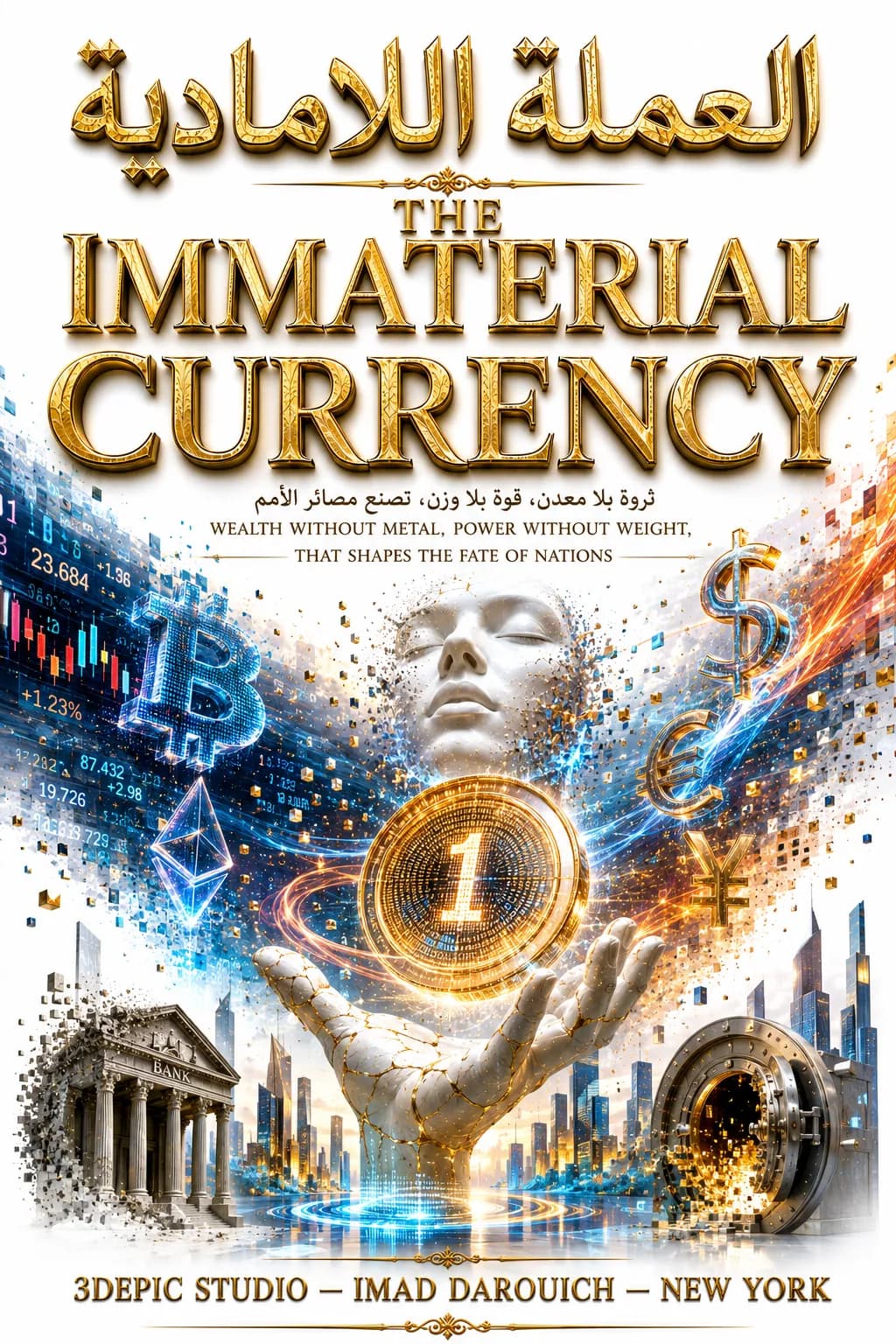Second cover for The Immaterial Currency: a marble hand lifts a glowing gold coin among dollar, euro, yen and digital currency symbols, with a bank and a vault breaking into pixels.