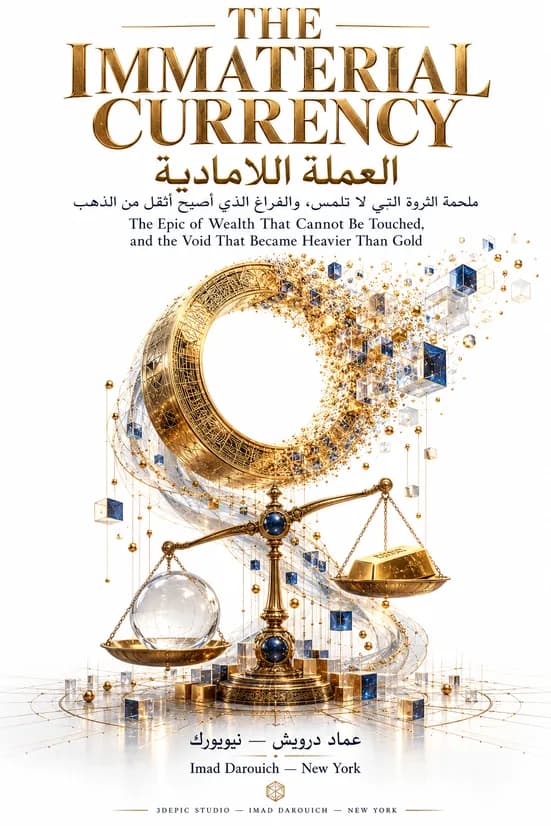 Cover for a poem about money: a gold balance holds a glass sphere and a gold bar beneath a ring of gold that dissolves into floating squares of light.