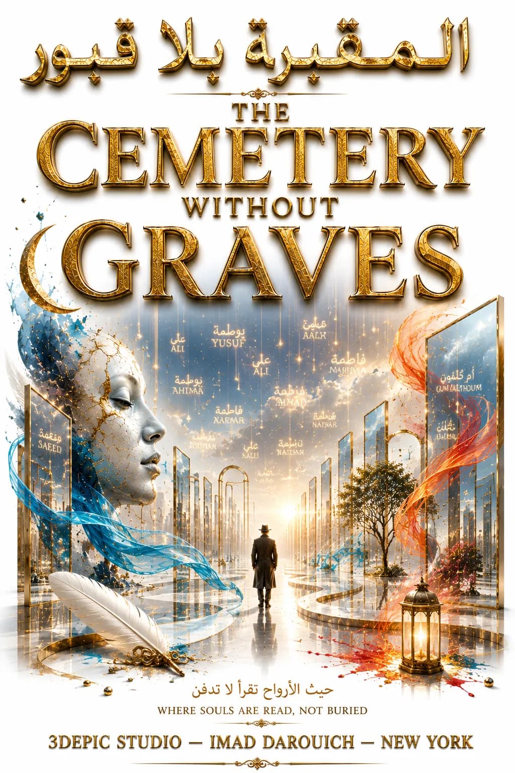 Second cover for The Cemetery Without Graves: names in Arabic and English hang in the sky above glass panels, a man in a hat walks between them, and a stone face, a quill and a lantern frame the scene.