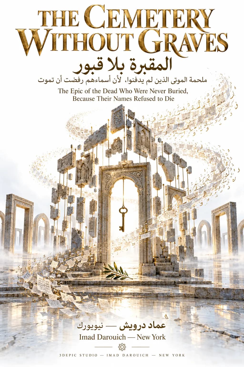 Third cover: stone gateways and floating blocks of names spiral around an open door with a key hanging in it, above a still pool.
