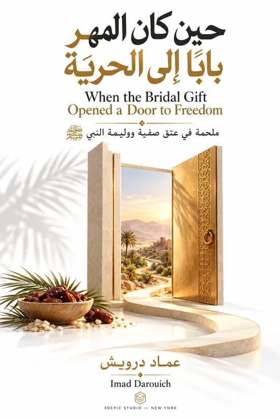 Imad's cover for a reflection on the Safiyya bint Huyayy marriage: a gold door opening onto palms and desert hills, beside a bowl of dates