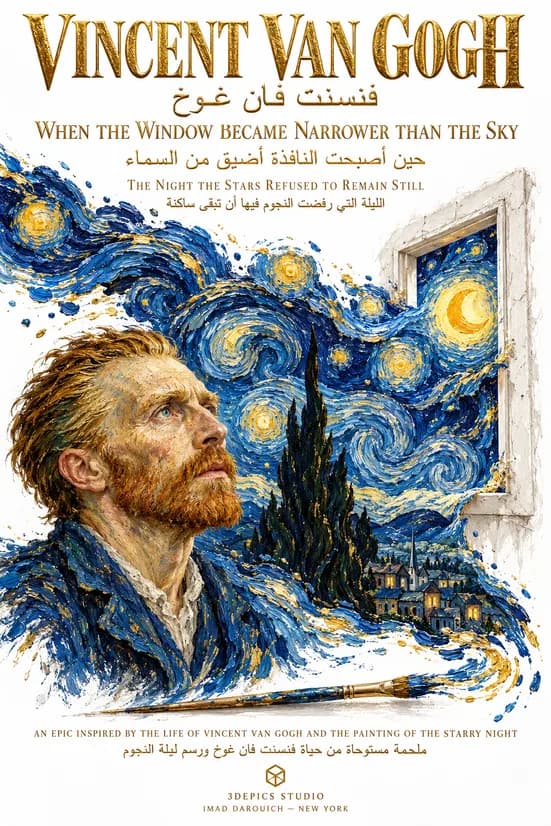 Imad's cover for the story of The Starry Night: Van Gogh looks up at a swirling blue and gold night sky with a crescent moon, a dark cypress and a small village, beside a white window frame